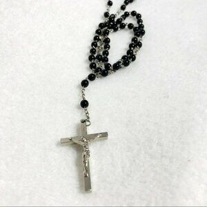 INRI Italy Rosary Crucifix Jesus Christ Cross Christian Black Bead Silver Chain